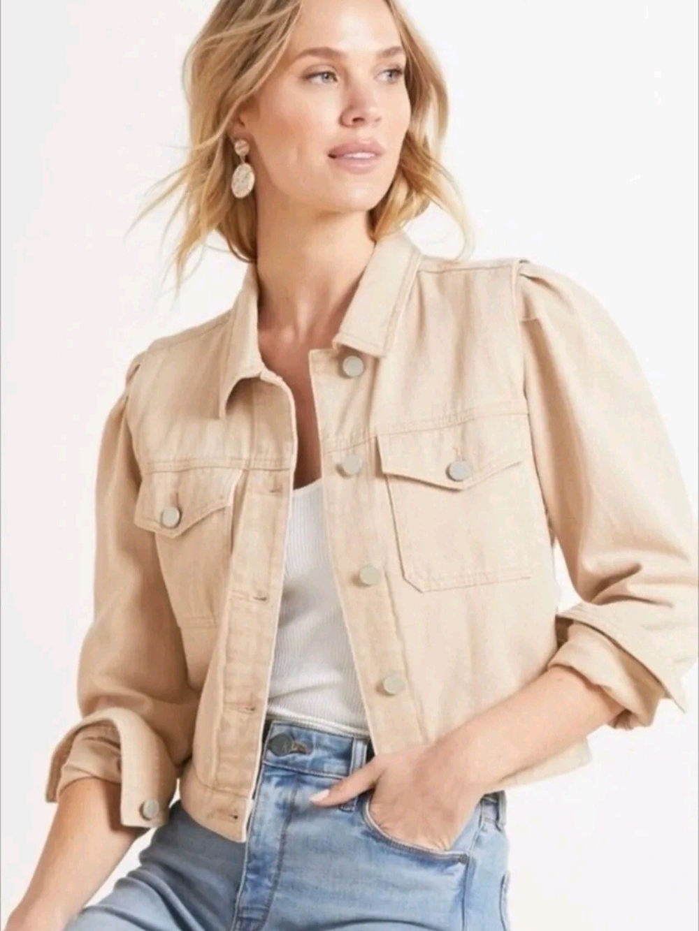 Blank NYC Beige Cropped Jean Jacket